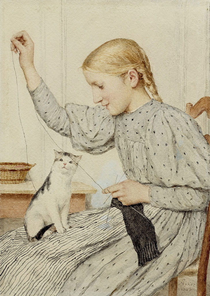 1549-Albert Anker 1831 - 1910 Realism Painting sitzendes-m-dchen-mit-einer-katze-1903